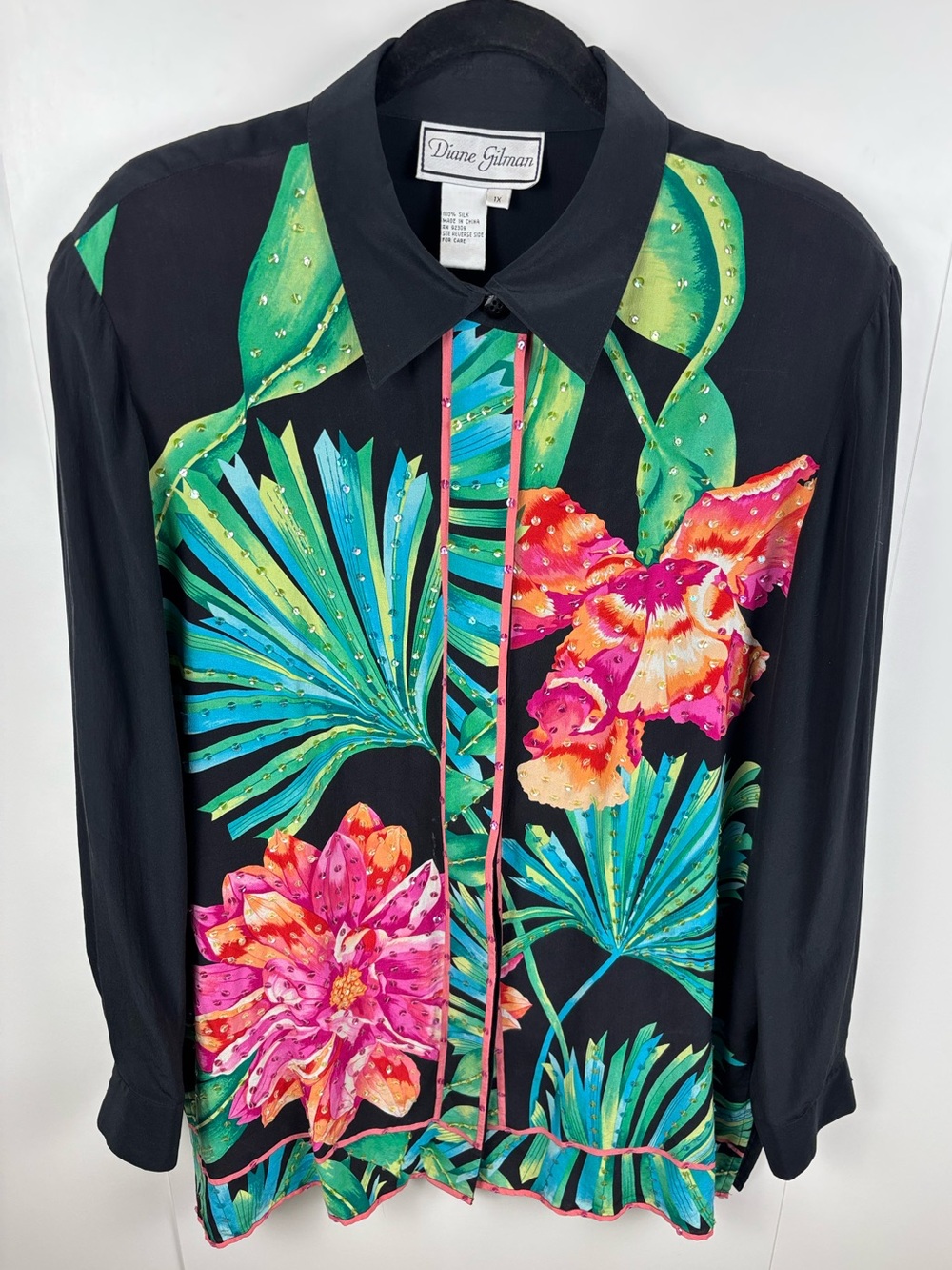 Vintage Diane Gilman Silk Blouse Beaded Floral Sequin Black Pink Green 1X Shirt